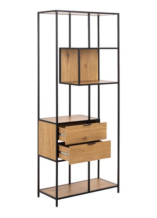 Seaford Tall Wild Oak Metal 2 Drawer Bookcase With 4 Shelves
