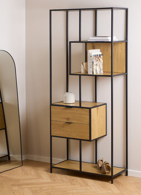 Seaford Tall Wild Oak Metal 2 Drawer Bookcase With 4 Shelves