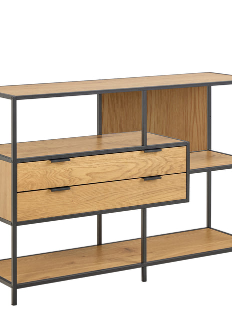 Seaford Wide Oak Metal Bookcase 2 Drawers and 3 Shelves in Matt Wild Oak
