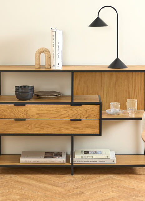 Seaford Wide Oak Metal Bookcase 2 Drawers and 3 Shelves in Matt Wild Oak