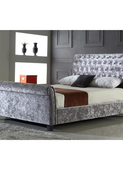 Serenity Crushed Velvet Double Bed Silver including memory foam mattress
