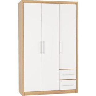 Seville 3 Door 2 Drawer Wardrobe - White High Gloss/Light Oak Effect Veneer