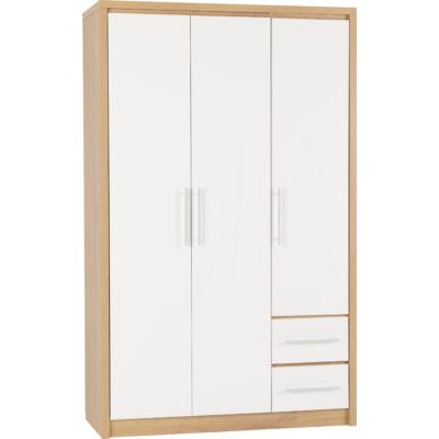 Seville 3 Door 2 Drawer Wardrobe - White High Gloss/Light Oak Effect Veneer